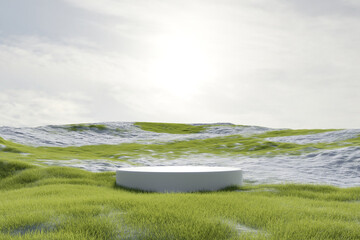 Wall Mural - Abstact 3d render winter scene and Natural podium background, White podium on the snow and grass field backdrop cloud and sky for product stand display advertising, cosmetic or etc