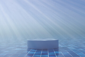 Wall Mural - 3d render Abstact stage podium background, Round podium on the blue tiles in the swimming pool and the light shines from above for product display, mockup, showcase or etc