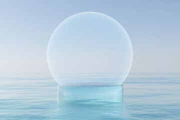 Wall Mural - Abstact 3d render Natural background, Ice podium with empty transparent light ball on surface water for product display, advertising or etc