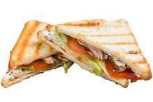 Grilled Sandwich With Vegetables And Chicken In A Triangular Shape
