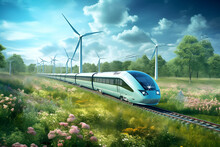 Wind Turbine - Powered Electric Train.  Eco-friendly Mass Transportation Concept. 