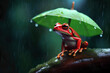 Red frog sitting under green umbrella in pouring rain (Generative AI)