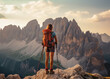 Mountain Wanderlust. Beautiful, happy young woman hiker with a backpack in a stunning mountain landscape. Summer vacation trip to the mountains, girl in nature camping concept ai generative