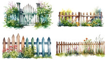 Watercolor Of Set Of Minimal  Garden Fence Isolated On Clear Png Background, Brown Wooden Fences With Bushes, Flowers And Plant, Elements Natural Botanical Leaves, With Generative Ai.