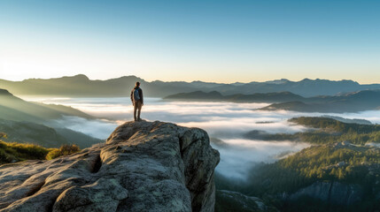 Wall Mural - A person standing on top of a mountain at sunrise, with sun flare, amidst the granite mountains of Portugal and Spain. Adventure and natural beauty concept. AI Generative