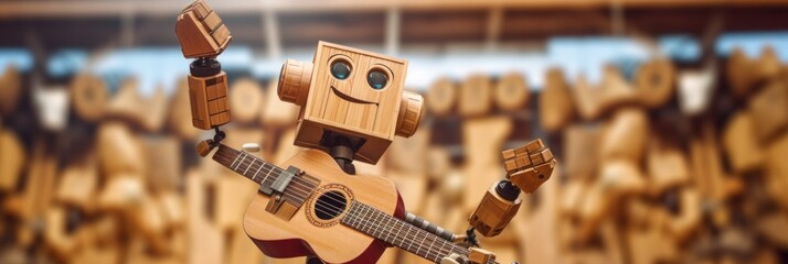 Poster - A wooden robot holding a guitar in front of a bunch of bananas. Generative AI image.