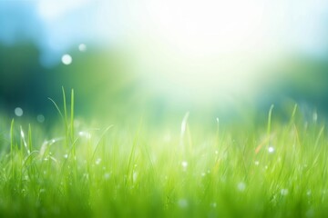 World environment day concept: green grass and blue sky abstract background with bokeh, Generative AI