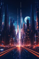 Wall Mural - A futuristic city at night with a full moon in the sky. Generative AI image.