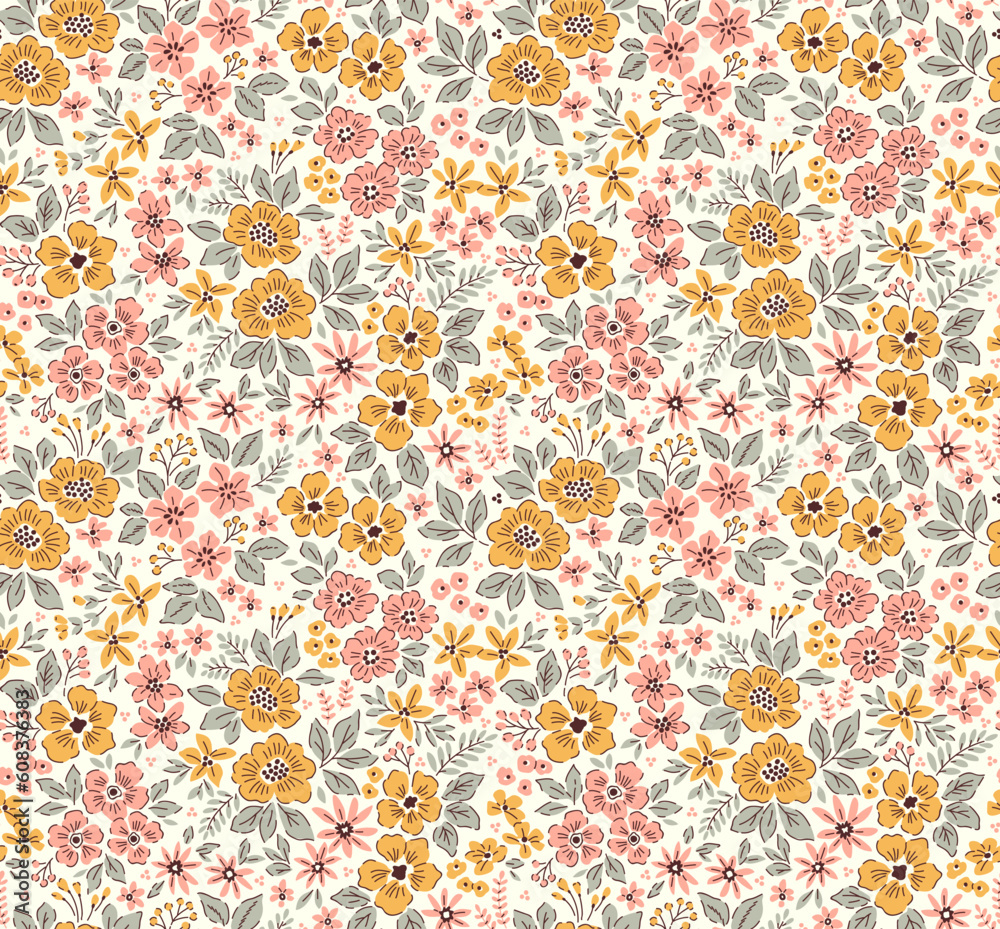 Vintage floral background. Floral pattern with small yellow flowers on a  yellow and pink background. Seamless pattern for design and fashion prints.  Ditsy style. Stock vector illustration. Stock Vector | Adobe Stock, image size:1000x929