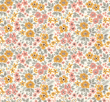 Vintage Floral Background. Floral Pattern With Small Yellow Flowers On A Yellow And Pink Background. Seamless Pattern For Design And Fashion Prints. Ditsy Style. Stock Vector Illustration.