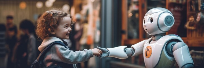 a little girl shaking hands with a robot. generative ai image.