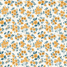Beautiful Floral Pattern In Small Delicate Flowers. Small Yellow Mustard Flowers. White Background. Ditsy Print. Floral Seamless Background. Elegant Template For Fashion Prints. Stock Pattern.