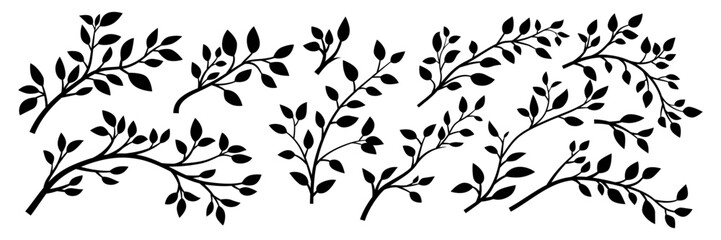tree brunch silhouettes icon set isolated. black and white twig with leaves collection. design decor