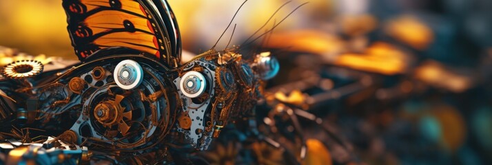 Poster - A close up of a butterfly on a machine. Generative AI image.