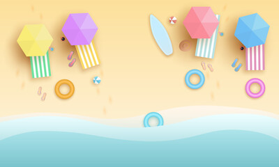 Top view beach background with umbrellas,balls,swim ring,sunglasses,surfboard,hat,sandals,juice,starfish and sea. aerial view of summer beach in paper craft style.paper cut and craft style. vector.	
