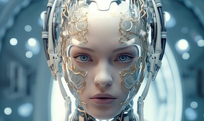 Android head robot nice blond woman with part of skin and metal on a face, generative AI