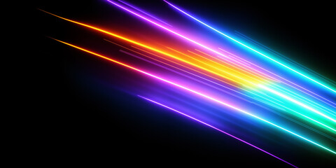 Poster - abstract composition of vibrant neon-colored lines streaking across a dark background, creating an e