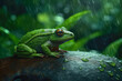Green frog sitting in the pouring rain covered in water droplets (Generative AI)