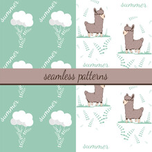 Set Of 2 Vector Patterns. Illustration Landscape, Lama, Sky, Plant, Branches. Design Elements For Print Swatch Textile Fabric Background.