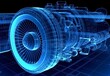Wireframe rendering of turbojet engine on black background. Digital twins concept. 3D rendering image. Generative ai