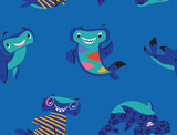 Fototapeta  - Cute cartoon hammerhead sharks. Blue vector underwater seamless pattern in vector