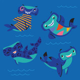 Fototapeta  - Set of four cute hammerhead sharks in cartoon style. Vector illustration