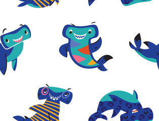 Wall Mural - Seamless pattern with cute cartoon hammerhead sharks. Vector illustration