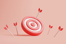 Arrows Hit The Center Of A Red Dartboard On A Pastel Background. Concept Of Solution. Business Goal Achievement. 3d Rendering Illustration
