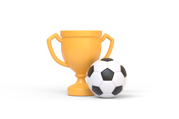 Trophy cup and soccer ball isolated on white background. 3d rendering illustration