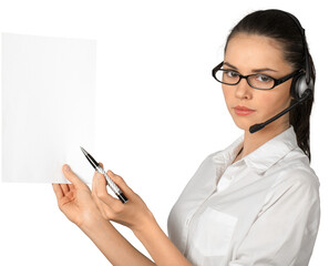 Wall Mural - Woman Talking on Headset and Presenting Blank Sheet of Paper - Isolated