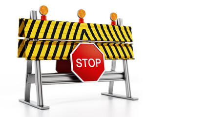 Road block with stop sign isolated on white background. 3D illustration