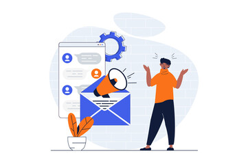 Aufkleber - Email marketing web concept with character scene. Man making advertising in online chats and promo mailings. People situation in flat design. Illustration for social media marketing material.