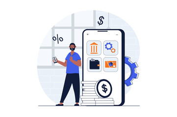 Poster - Mobile banking web concept with character scene. Man manages finances and banking services in smartphone app. People situation in flat design. Illustration for social media marketing material.