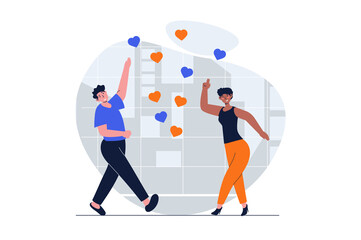 Poster - People dancing web concept with character scene. Man and woman enjoying dance in discotheques or studio. People situation in flat design. Illustration for social media marketing material.