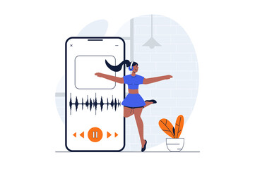 Poster - People dancing web concept with character scene. Woman enjoying dance in studio and training with mobile app. People situation in flat design. Illustration for social media marketing material.