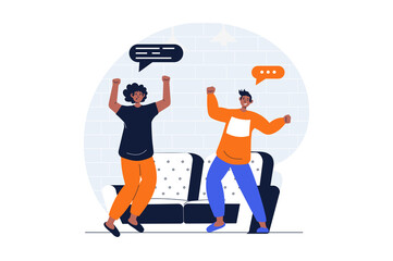 Poster - People dancing web concept with character scene. Excited men enjoying dance, jumping and celebrating together. People situation in flat design. Illustration for social media marketing material.
