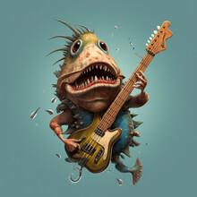 A Cartoon Fish Playing A Bass Guitar. Generative AI.