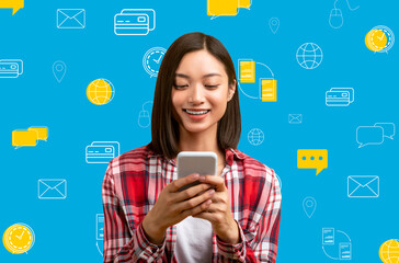 Poster - Smiling asian woman with phone over diverse digital world icons