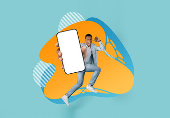 Check This. Excited Black Guy With Blank Smartphone Jumping Over Abstract Background