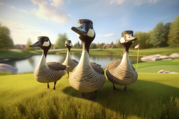 cute cartoon canda geese on a golf course. generative ai