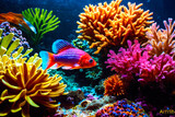 Fototapeta Do akwarium - Underwater view of colourful tropical fishes, shells in the aquarium with plants and stones. Wildlife concept of ecological environment. Generative AI