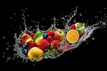 stock photo of water splash with various fruits fall isolated Food Photography