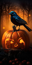 Crow Sitting On The Carved Pumpkin. Vertical Poster. Generated AI Generative AI