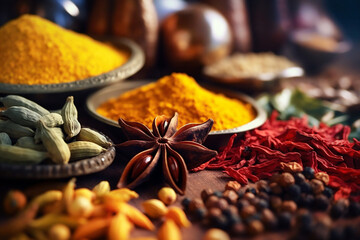 traditional spices anise, star anise, turmeric close-up. ingredients for cooking many dishes. genera