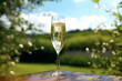 Champagne glass on table view of green nature 