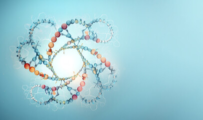 Futuristic spinning DNA strand with genetic codes and abstract geometry. generative AI banner