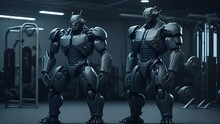 Robots Standing In The Gym In Front Of The Machines