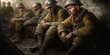 Trench warfare image: soldiers in mud, skillful blur and shadows showing war's struggle and emotions. License this powerful photo now! Generative AI
