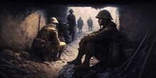 Captivating Trench Scene: Soldiers Crouched In Mud, Emotion Evoked Through Skillful Use Of Blur And Shadows To Depict War's Suffering And Harsh Conditions. Generative AI