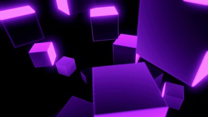 Poster - Black background with moving squares. Design. Large squares of bright purple shade made in 3d format move in a circle.